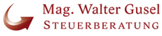 Logo der Steuerberatungskanzlei. In Roter Schrfift "Mag. Walter Gusel Steuerberatung". Ein roter Pfeil davor.